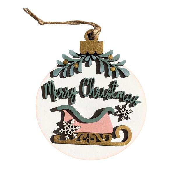 Whimsical  Merry Christmas Holly Snowflake Sled Ornament Hand Painted Wood - Picture 4 of 9